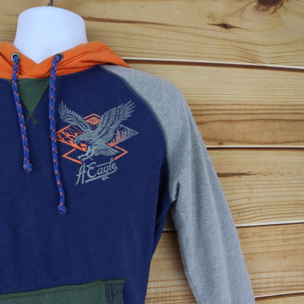 American Eagle VTG Hoodie Sweatshirt Mens Sz M Multicolor Colorblock Long Sleeve - Picture 4 of 6